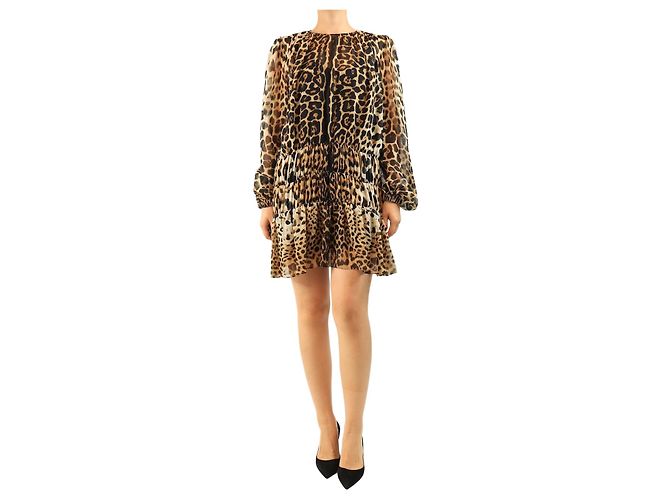 Saint Laurent Mini vestido de seda castanho com estampado de leopardo - size UK 10 Marrom