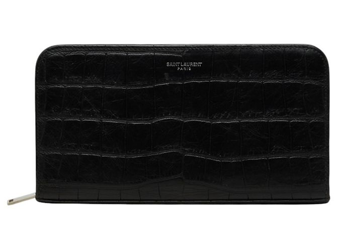 Saint Laurent Logo Embossed Long Wallet Black