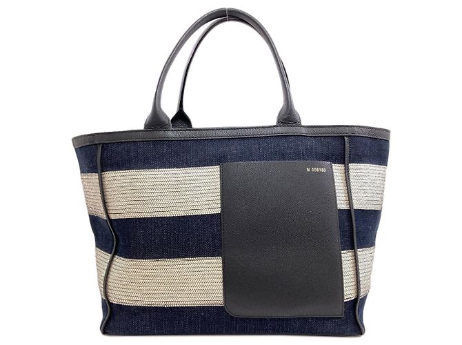 Valextra gestreifter Canvas Tote Bag Weiß Marineblau