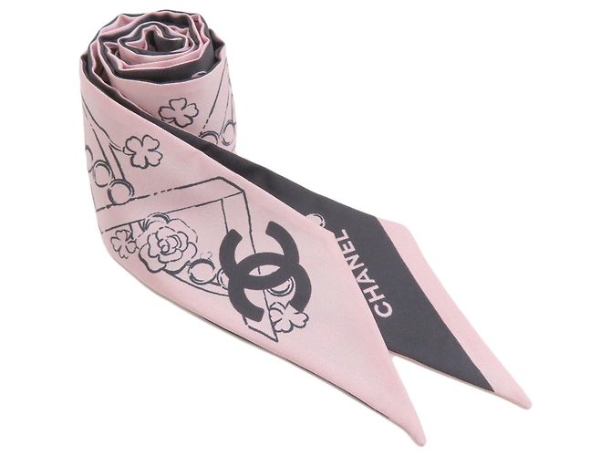 Pañuelo Bandeau Slim Chanel Coco Mark Negro Rosa Seda