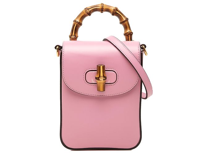 Bamboo Bolsa Gucci Mini em couro de bezerro rosa com alça de bambu