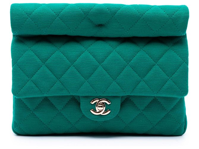 Chanel Green CC Quilted Jersey Roll Clutch Grün
