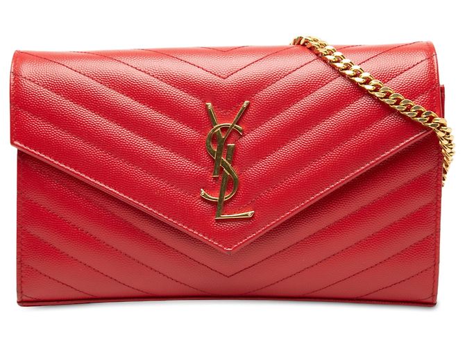 Cartera sobre con cadena Saint Laurent Red Grain De Poudre Chevron Monogram Roja