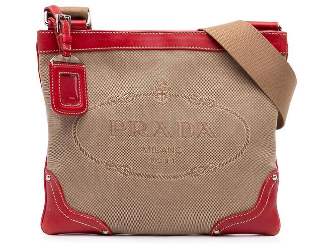 Prada Borsa a Tracolla in Tela Canapa Beige con Logo