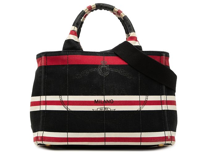 Prada Borsa Tote Small Canvas Canapa Logo Stripes Nera Nero