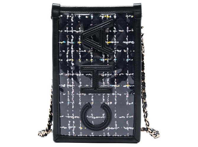 Chanel Black Tweed and PVC Phone Pouch with Chain