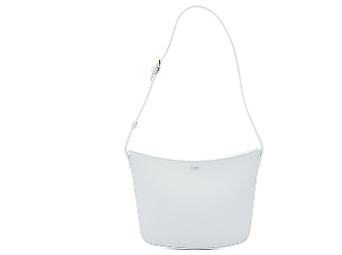 16 Céline Bolsa de Ombro Croque Celine Medium em couro de bezerro brilhante branca Branco Fora de branco
