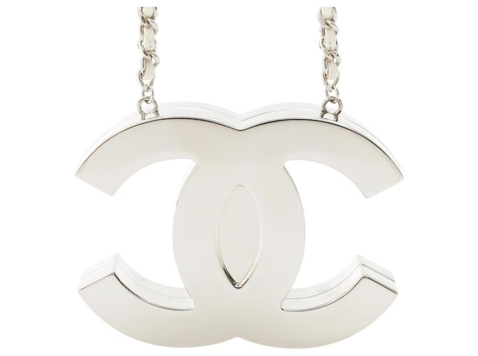 Collana Specchio Chanel CC in Ottone e Pelle d'Agnello Argentata Argento
