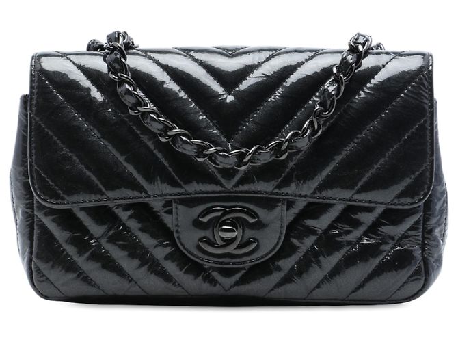 Chanel Mini Rectangular Classic Chevron Crumpled Patent So Black Single Flap Nero