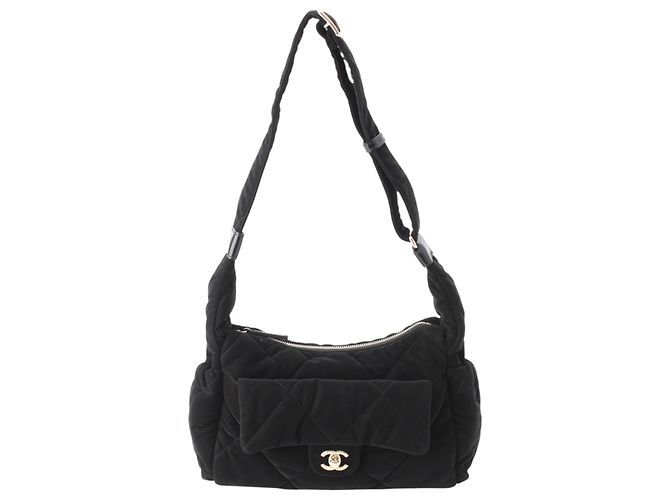 Bolsa Bowling Chanel em nylon com efeito de veludo acolchoado Large CC Preta Preto
