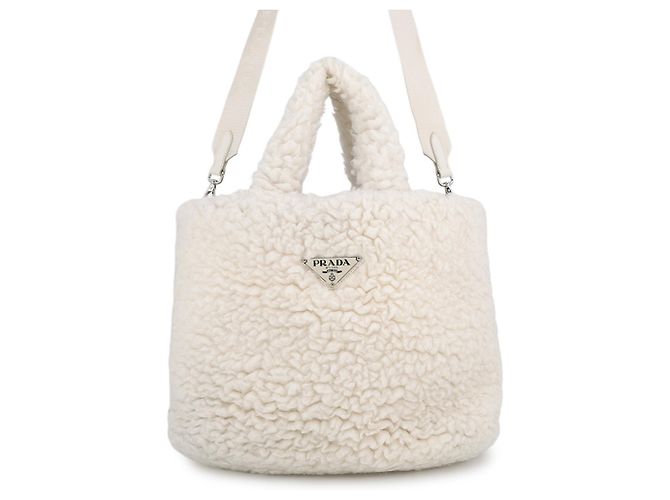 Prada Triangle Shearling Small Tote Bag White