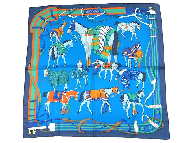 Hermès Ronds de Marche Lenço de Seda 90 cm Azul Branco Verde Laranja