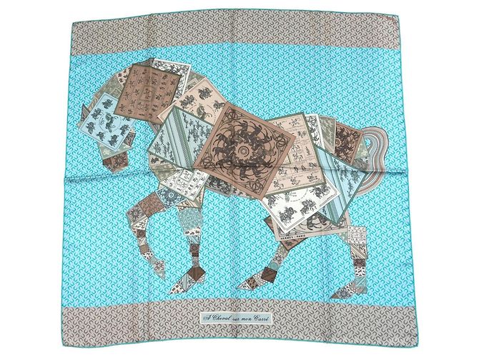 Hermès A Cheval sur mon Carré Lenço de Seda 90cm Azul Cinza Marrom Branco