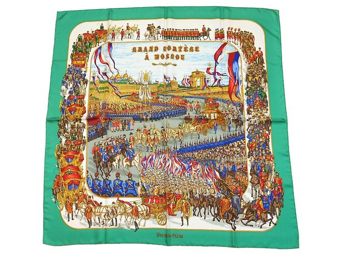 Hermès Grand Cortège à Moscou Lenço de Seda 90 cm Verde Multicor