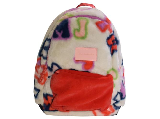 MARC JACOBS Faux Fur Graffiti Logo Backpack Red Pocket Cuddle Pink White Blue Golden Green Purple