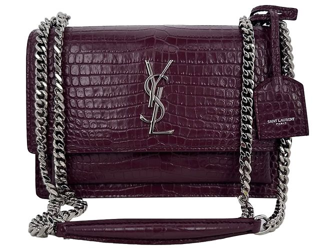 Bolsa de Ombro Saint Laurent Sunset Medium em Couro com Efeito Croco Burgundy Vermelho Bordeaux