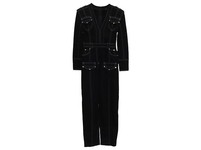 Macacão de ganga com decote em V Balmain em algodão preto