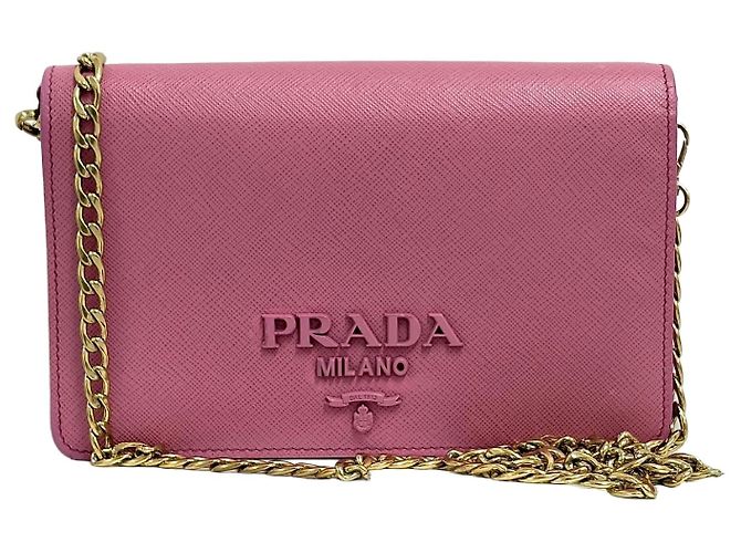 Prada Bolsa crossbody com corrente em Saffiano Rosa