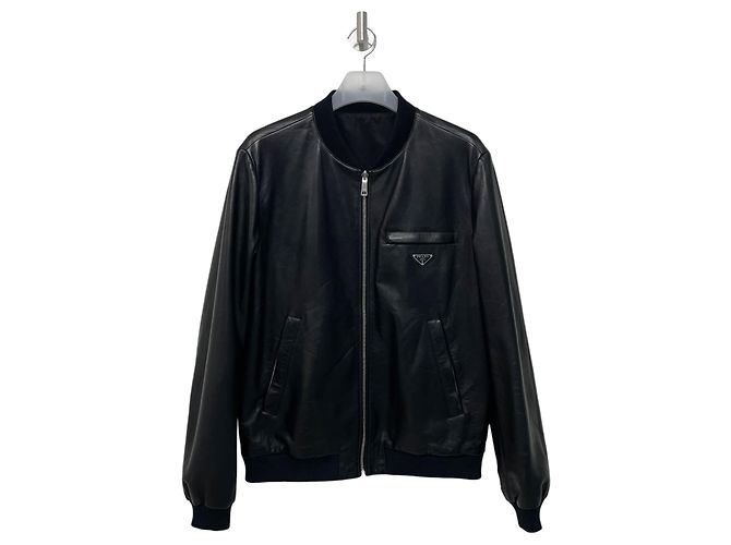 Prada Reversible Triangle Logo Nappa Leather Bomber Jacket Black