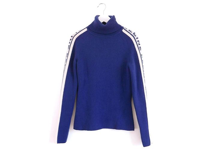 Céline Pull en cachemire Celine Vintage Automne 1999 avec logo sur la manche Bleu