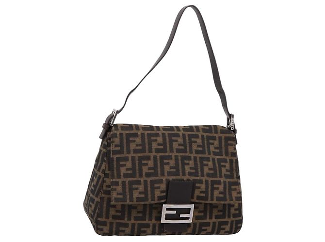 Borsa a Tracolla FENDI Zucca Canvas Mamma Baguette Marrone Argento Auth BA14949V