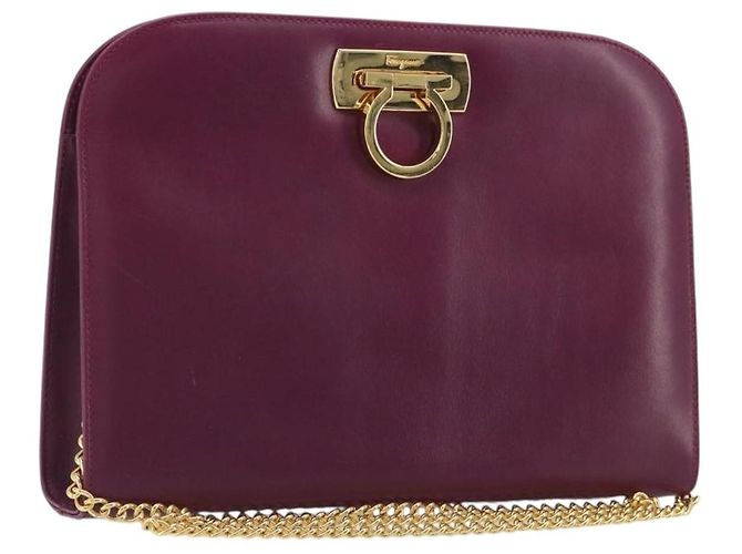 Sac à épaule Salvatore Ferragamo Gancini Chain en cuir violet et or Auth 196275A Doré
