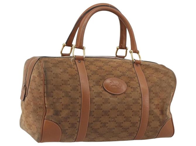 Céline Bolso Boston CELINE Macadam de gamuza marrón tono dorado Auth 195774 Castaño