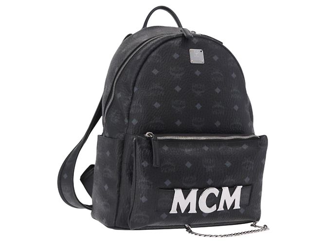 MCM Vicetos Logogram Backpack Leather Black Silver Auth 194907 Silvery
