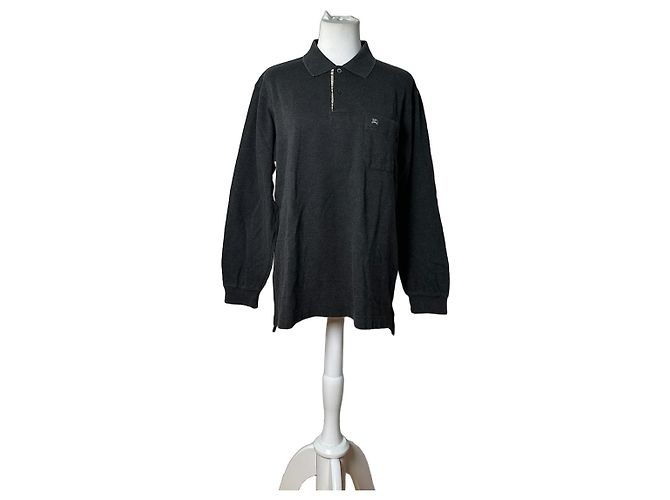 Vintage Burberry Herren-Baumwoll-Langarm-Poloshirt Anthrazit M Anthrazitgrau