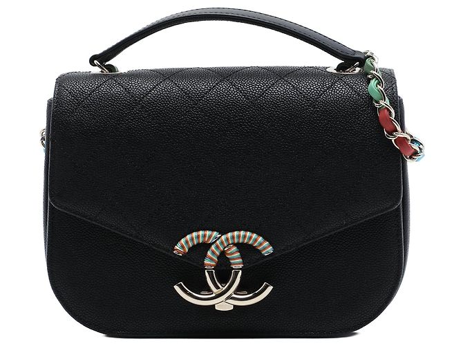 Borsa a tracolla Chanel Paris Cuba Medium Quilted Caviar Thread Around Flap Nera Nero