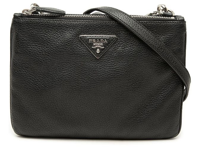 Borsa a tracolla Prada Vitello Phenix con doppia zip nera Nero
