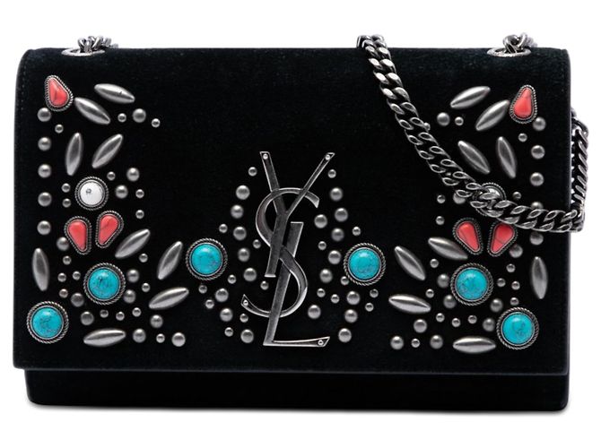 Borsa a tracolla Kate Small in camoscio nero Saint Laurent con monogramma e borchie in pietra