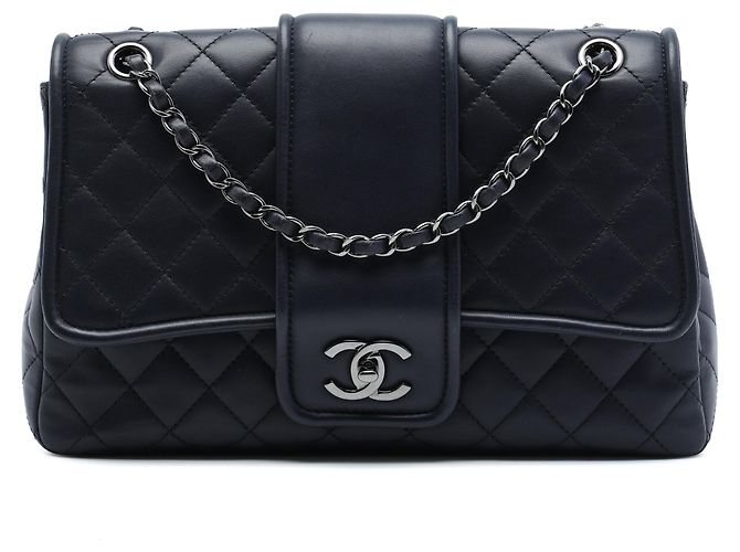 Borsa a tracolla Chanel Large Quilted Lambskin Elementary Chic Flap Blu
