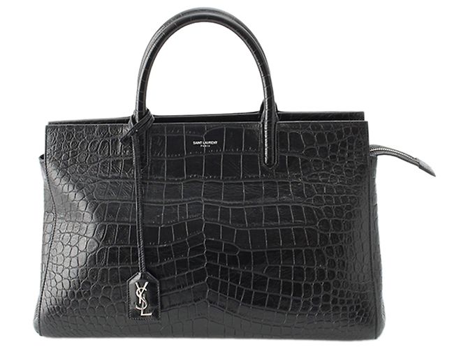 Bolsa Saint Laurent Medium Cabas Rive Gauche em couro de bezerro com relevo de crocodilo preta