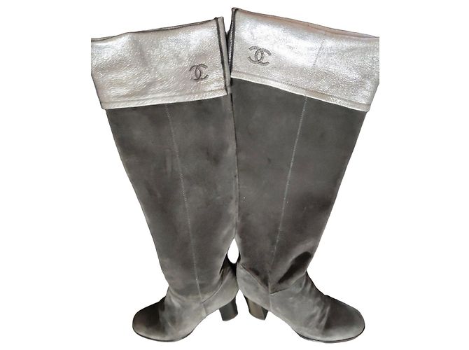 Chanel high boots in grey suede and silver leather Metallic