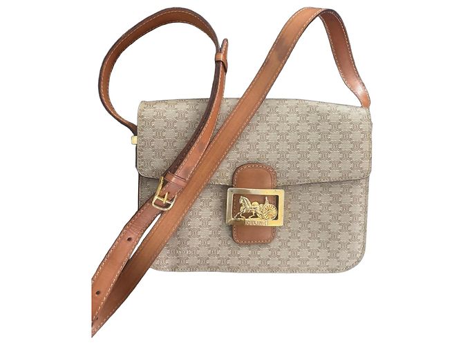 Céline Celine Triomphe Monogram Shoulder Bag in Brown Canvas and Leather Beige