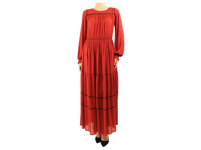 See by Chloé Rotes Midi-Kleid mit langen Ärmeln - Größe UK 8