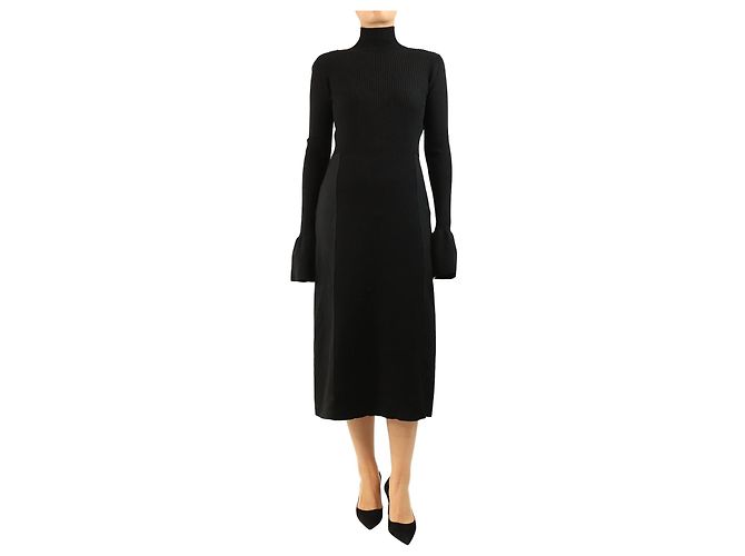 Joseph Schwarzes geripptes Midi-Kleid mit langen Ärmeln - size UK 10