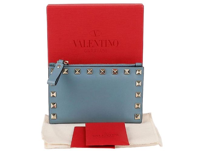 Valentino Blue Leather Rockstud Zip Card Holder