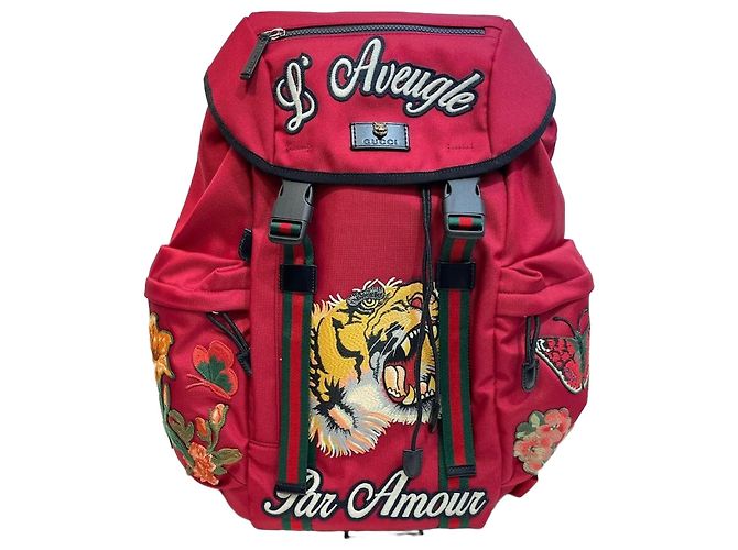 Gucci Tiger Embroidered Techno Canvas Red Backpack