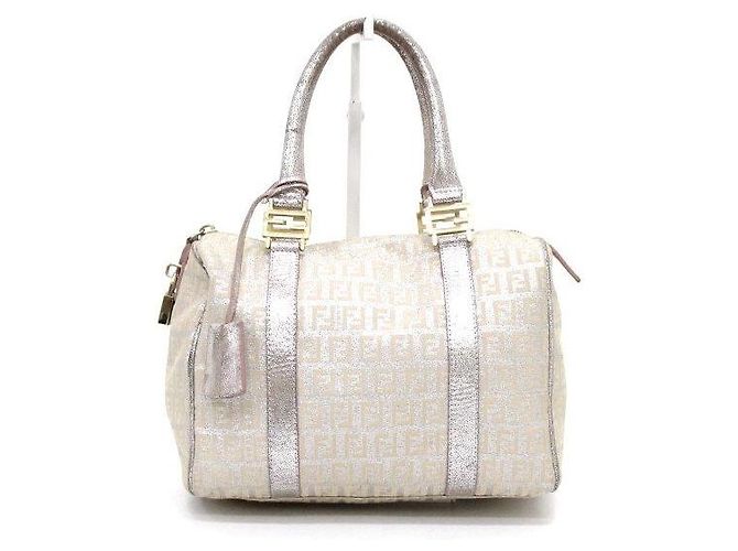 Fendi Canvas Boston Tote Bag with FF Logo Beige