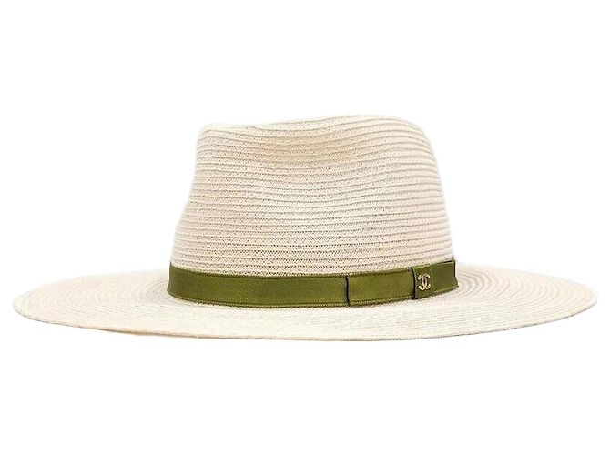 Chanel CC Logo Ribbon Raffia Bucket Hat Silvery