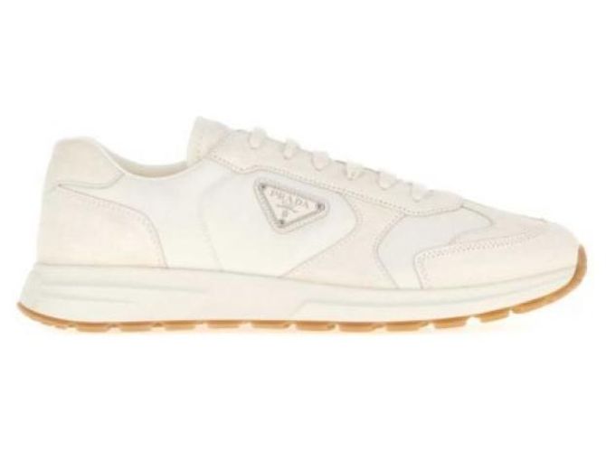 Prada Baskets Frax en daim et Re-Nylon Blanc