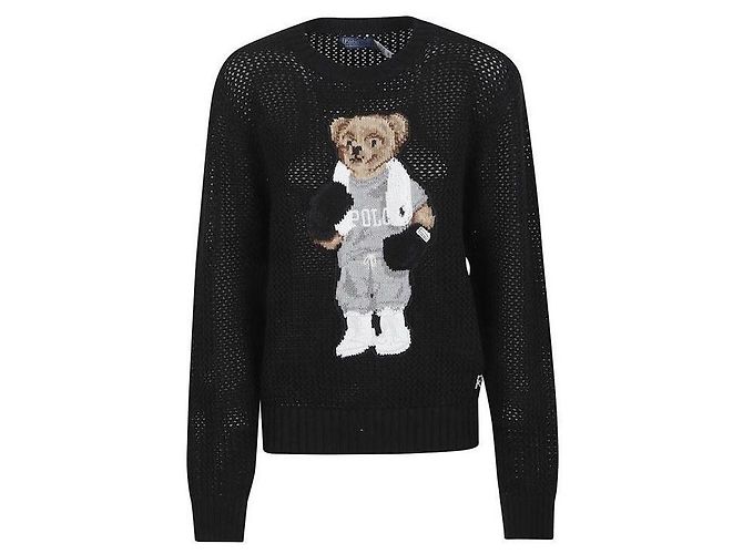 Ralph Lauren Baumwollpullover mit Rundhalsausschnitt und Polo Bear Schwarz