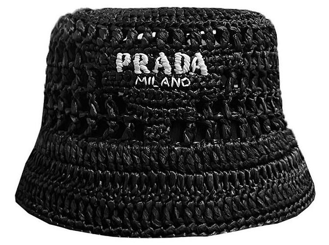 Prada Raffia-Bucket-Hat mit besticktem Logo Schwarz 