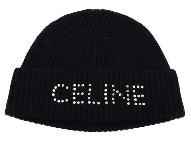 Céline Black Wool Studded Logo Embroidered Beanie Hat