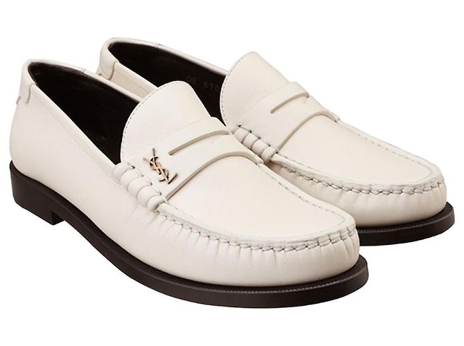 Saint Laurent Mocasines Penny Monograma para mujer Pearl Blanco
