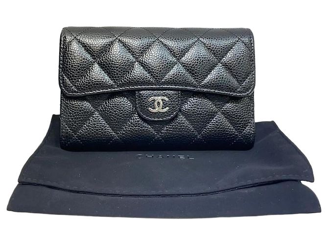 Chanel Classic Caviar Black Silver-logo Small Wallet