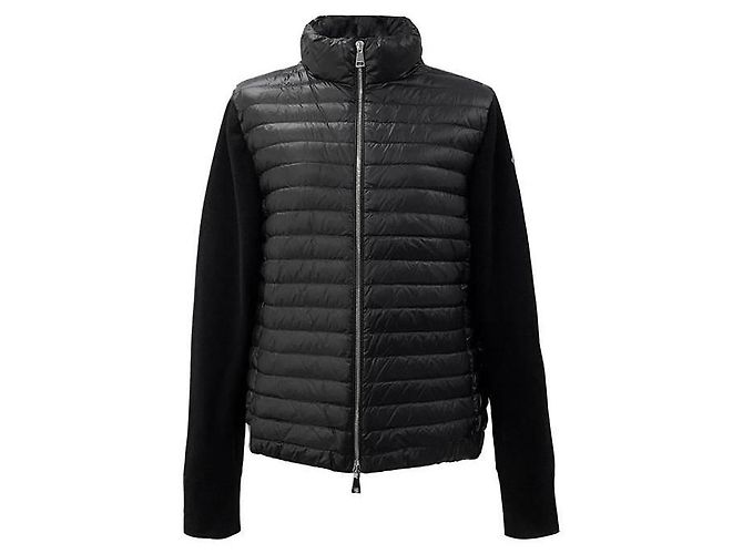 Moncler Tricot Logo gesteppte Woll-Strickjacke mit Reißverschluss Schwarz