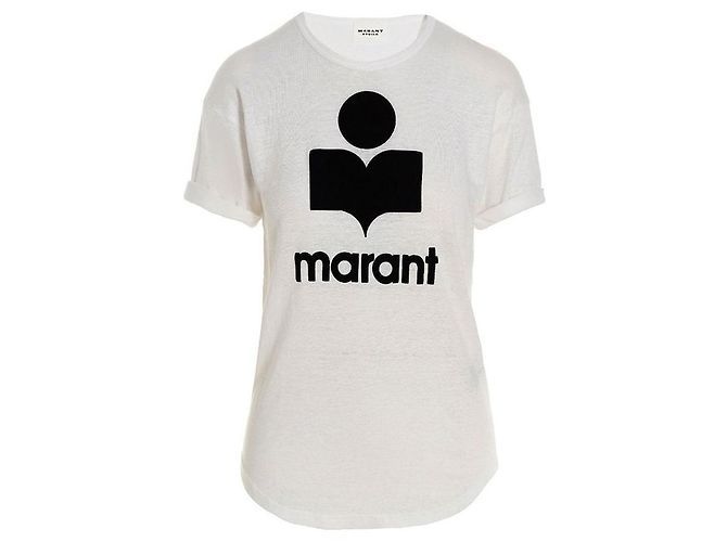 Isabel Marant KOLDI Logo T-Shirt aus Leinen Weiß Silber